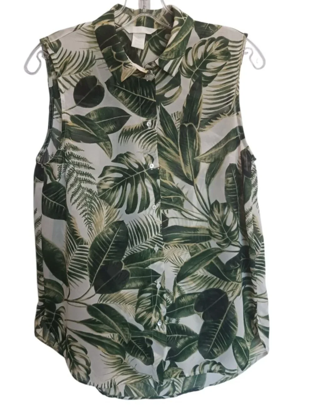 H & M Tropical Leaf Print Sleeveless Button-Up Womens Blouse Green Size 4 - Picture 2 of 9